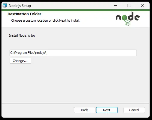 nodejs installation at default folder