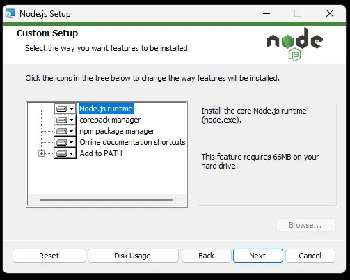 nodejs installation component selection stage