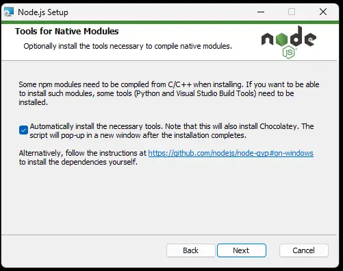 nodejs select chocolatey while installing to enable build of modules that require C/C++ when installing