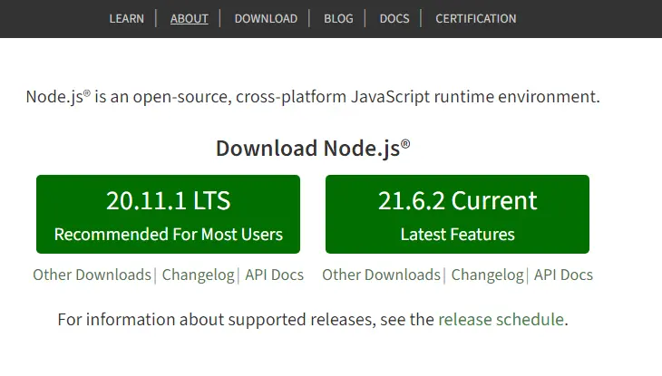 official node.js website showing option to download LTS and Current version