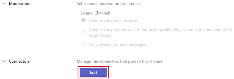 Edit connectors in microsoft teams channel